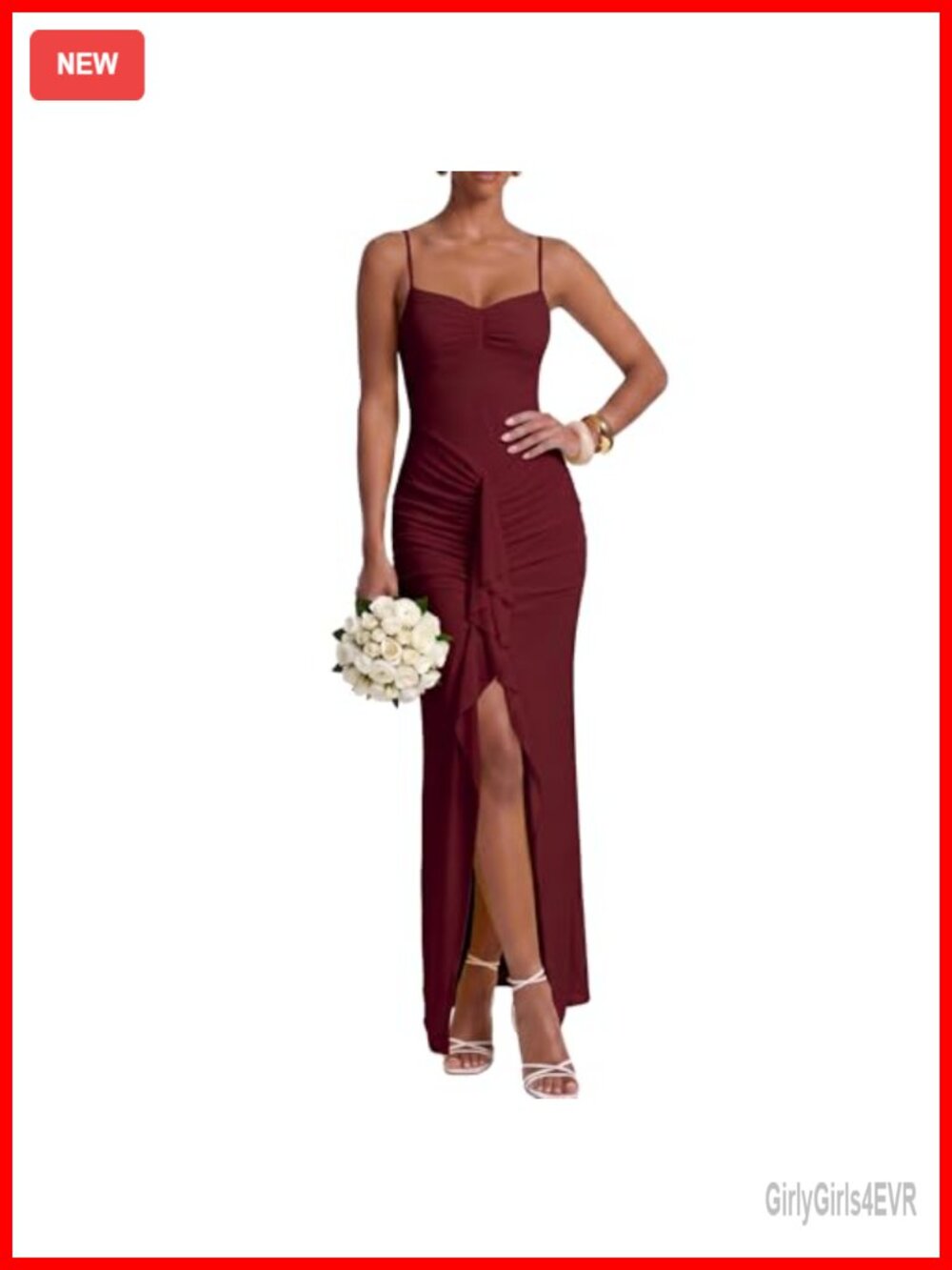 Spaghetti Strap Maxi Dress Ruched Bodycon Front Slit Ruffle Formal